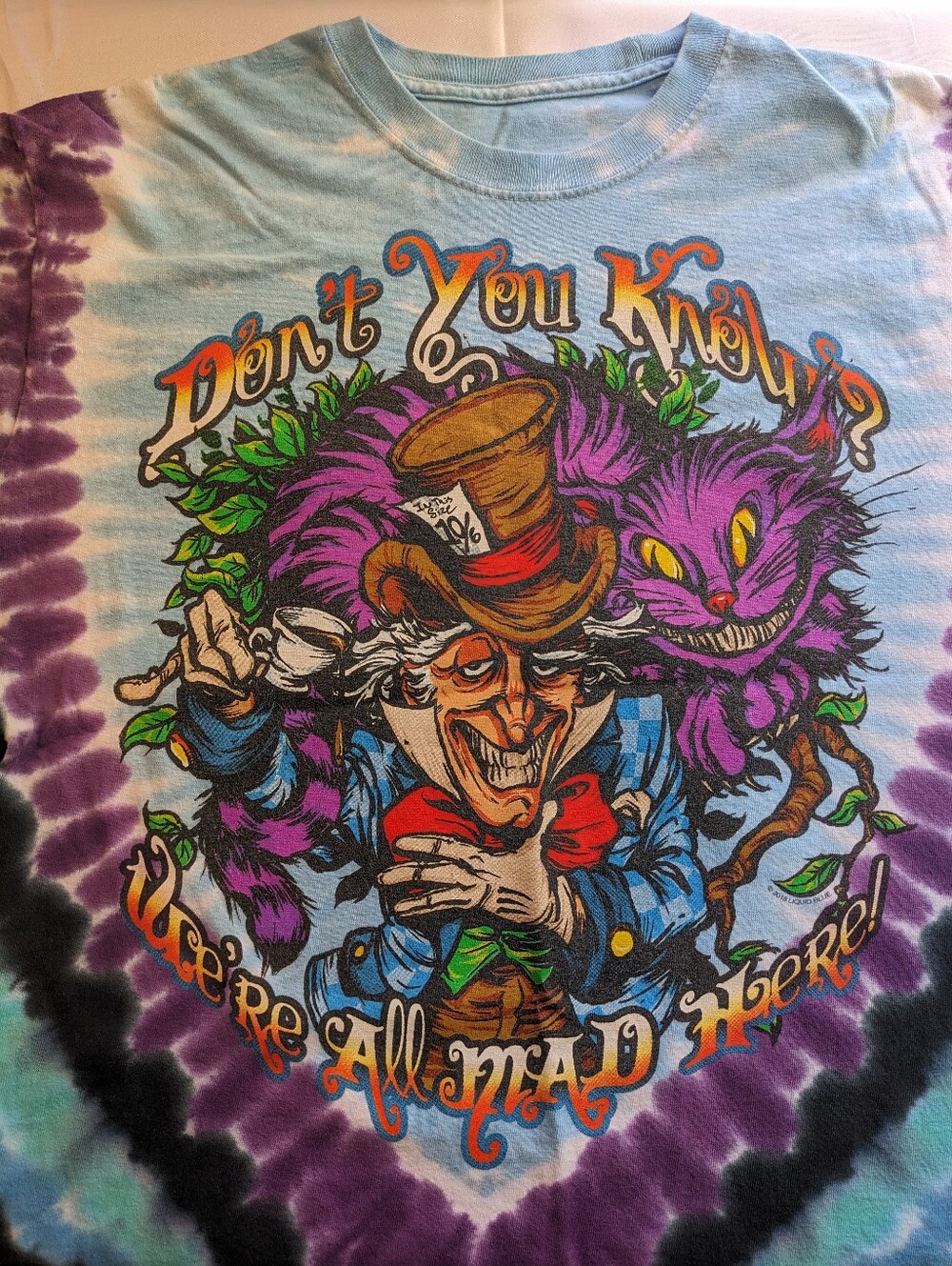 Alice in Wonderland Mad Hatter Cheshire Cat Tie Dye Graphic Tee Shirt